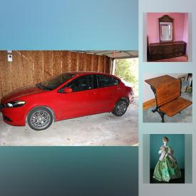 MaxSold Auction: This online auction features a 2014 Dodge Dart Rallye Car, Jewelry such as a vintage 18K gold watch and watch case, 10K gold bangles, Sterling silver Pandora necklace and sterling ring, plus costume pieces. China such as Royal Albert's "Lavender Rose" dishes and tea set; Belleek vase. Furniture by Vilas queen bedroom suite and dining room suite; pink painted desk and chest of drawers. Electronics such as a Daewoo 19" monitor and Lenovo all in one 23" monitor; Sony Bravia 32" TV. Yamaha keyboard, Collectible Blue Mountain pottery horses, horse brass, beer mugs with horse images, horse and bird figurines; Royal Doulton, Royal Worcester, EDS and Willow Tree figurines; Olympic coins; Treasury egg collection and more! Household Items such as a Snapper lawn mower with a Briggs and Stratton engine, 2 bicycles and more!