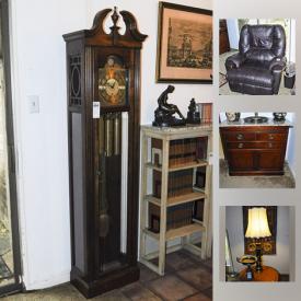 MaxSold Auction: This online auction features a grandfather clock, Baccarat crystal, Lladros, metal figures, books, sterling silver, decor, art, Broil King grill, rugs, patio furniture, furniture such as side tables, dining table and chairs, tv stand, bookshelf, wine table, desk, dresser and mirror, cabinet and more!