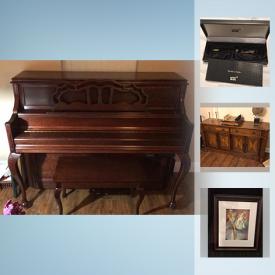 MaxSold Auction: This online auction features Hobart piano, Terry Benson framed print, collector’s plates, furniture such as sectional couch, cherry wood pedestal, and Bombay chest, shelving units, glassware, Singer embroidery machine, pottery and more!