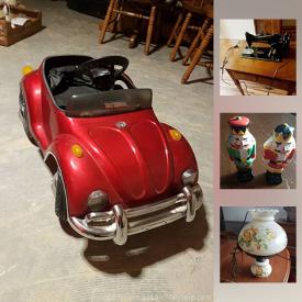 MaxSold Auction: This online auction features Singer Professional Button Holder, 1916 British Penny, Royal Albert Serving Dish, Vintage Singer Sewing machine, George Foreman grill, 1940s tea cart, Antique Insulator, Dining room set, Children's battery pedal Car and much more!