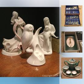 MaxSold Auction: This online auction features 2 sets silver plated Flatware and serving pieces; Glass and Crystal stemware and serving pieces; Furniture such as an antique bookcase; Collectible Swarovski, Royal Doulton figurines. China such as Sutherland "Rural Scenes" dishes, Heirloom "Eclipse" 4 piece setting, an Oriental tea set. Costume Jewelry and more!