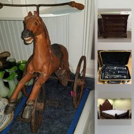 MaxSold Auction: This online auction features an Antique horse tricycle. MANY China sets to name a few such as Noritake "Leilani," "Roselane," "First Blush," "Carolyn," "Margarita;" Royal Doulton "Heather," "Old Colony," "Cornwall"; Wedgwood "Patrician;" Meito; Royal Tudor "Olde England;" Winterling "Mignon;" Christmas themed - 70 pieces Crown Ming; Lenox "Holiday" china and glassware more! Collectilble Dept 56 "Snowy Village" and Snowbabies; Boyds Bears and Friends; Bing and Grondahl Mothers Day and Christmas plates plus more; Figurines by Lladro, Andrea birds. Furniture such as a Drexel bedroom suite, two beige loveseats, brown sofa and loveseat, patio pieces. Electronics such as a Dell 20" monitor desk top computer, iMac 17" desk top computer plus monitors. Tools such as Ryobi chainsaw and jigsaw. Exercise equipment such as an Aero Pilates machine, Pro Form Treadmill, weight bench, bar bells, plates and hand weights. MUCH Fishing equipment / Tackle. Cameras and photography equipment. Costume jewelry and watches and much more!