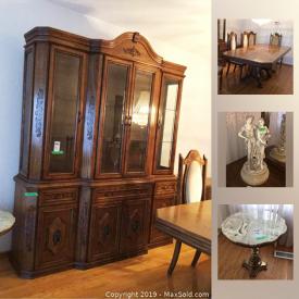 MaxSold Auction: This online auction features a lawnmower, ladder, hose, planters, tables, cabinet, microwave, tureen, planter, pitcher, table and chairs, china cabinet, couch, coffee table, glass candelabra, rug, dresser, vases and figurines, statue, kitchen items, bench, armoire, bench and more!