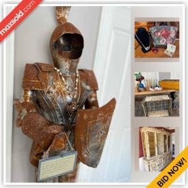 MaxSold Auction: This online auction Features a Knights Armor, 5 Pc Stanley Bedroom set, vintage framed art, tables, lamps, dishes, Rugs and much more.