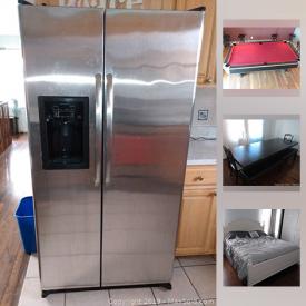 MaxSold Auction: This online auction features furniture such as a shelf stand, 6 drawer dresser, 4 drawer dresser, wooden vanity, dining table and more, pool table, GE washer and dryer, refrigerator, gas range and microwave, mirror and more!