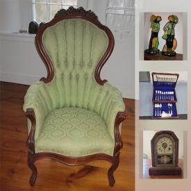 MaxSold Auction: This online auction features Antique spinning wheel, Antique School Desk, Vintage Lamps, Roseville Pottery, Bench, Oriental Rug, Sterling Silver Vase, Gramophone, Vintage Clock, Gilbert Mantel Clock, Antique Hardwood Church Bench and much more!