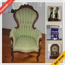 MaxSold Auction: This online auction features Antique spinning wheel, Antique School Desk, Vintage Lamps, Roseville Pottery, Bench, Oriental Rug, Sterling Silver Vase, Gramophone, Vintage Clock, Gilbert Mantel Clock, Antique Hardwood Church Bench and much more!