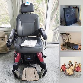 MaxSold Auction: This online auction features an Electric wheelchair. Furniture such as a 4 - section Breakfront, Lane power lift chair, La Z Boy reclining sofa, queen Select Number bed. Collectible LPs and 45s; steins; glass figures. 24 pieces Wedgwood "Woodland" CHINA. Yellow and green Glass vase and pitcher, glass flowers, pink depression; crystal serving pieces and more!