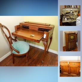 MaxSold Auction: This online auction features Antique Eastlake cabinet and table, Victorian writing desk and chair, tea trolley, Ingraham mantel clock. Furniture such as white wicker chairs, tables and dresser. Sony and Panasonic Audio/ Visual Electronics; Pfaf 332 sewing machine; vintage Sparton c 1930's cabinet radio. China such as Royal Albert "Petit Point" dishes. Crystal and Glass. Home health equipment and more!