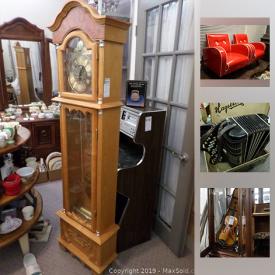 MaxSold Auction: This online auction features Allen Herschell Ornament, Framed Oil Painting, Grandfather Clock, Hapstrom Accordion, Table, Old Hay Forks, Fire Place Tools, Collector Plates, Childrens Chairs and much more!