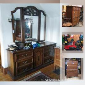 MaxSold Auction: This online auction features furniture such as a vintage cedar trunk, Bennington pine wardrobe, dresser and mirror, file cabinets, dresser and chair, vanity chair and more, dishes, books, trophies and plaques, records and turntable, figurines, music boxes, floor lamps, afghans, Weber grill, snowblower, power tools, costume jewelry, hats and more!