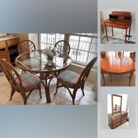 MaxSold Auction: This online auction features furniture such as an Asian cabinet, dining table and dining chairs, chairs and table, lighted curio cabinet, plastic shelf, full sized bed, vintage dresser and mirror, bookcase, swivel top medial console cabinet, writing desk, rattan chair, vintage lane cedar chest and more, books, TV, luggage, books, wall art, pillows, wheelbarrow, lawnmower, china, christmas decor, faux plant, rugs, dishes, servingware, small kitchen appliances and more!