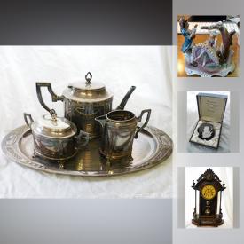 MaxSold Auction: This online auction features a Sterling silver dresser set. Silver plate serving pieces. Vintage mens and womens Jewelry including watches, pocket watches, sterling silver, Marcasite pieces, signed Robert Lauren cuff. Collectible world coins / bank notes / stamps; harmonicas; Moorcroft / Royal Doulton / Rosenthal. Glass and Crystal such as Baccarat paperweights, MCM stemware, cut glass decanters, art glass / Chalet. China includes Paragon "Iris," Royal Albert's "Dogwood" and "Brigadoon" dishes. Eero Saarinen side table. Art such as a cast bronze bell by Paolo Soleri, signed watercolour by Grant Smith. Antique mantel clock. Vintage Seth Thomas mantel clock and brass hanging lamp and more!