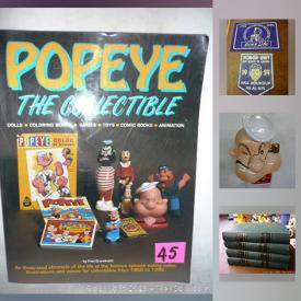 MaxSold Auction: This online auction features a Collectible Popeye bank; Toys - Barbies, Cabbage Patch dolls / Cars; Ephemera; Stamps; Pez / M & M's; Tins / Thimbles; Coca Coal / Wade Red Rose figures. Antique bottles and a carpenters tool chest. Vintage Post cards; Table linens / Doilies; Dolls, dolls clothes and dishes; Stoneware jugs; Women's hats. Reference Books on collecting, antiques and more!