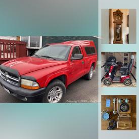 MaxSold Auction: This online auction features 2002 Dodge Dakota, Power Scooter, Grandfather Clock, Scrollsaw Clock, Cuckoo Clocks, Toshiba TV, African Wooden Carvings, RCA Phonogram, Stuart Oldale Prints, Infrared Portable Furnace, Broil King BBQ, Boomerangs, Anniversary Clocks, Rain Box, Kitana Sward, Rain Stick, Marconi Broadcaster Receiver, Weaver Victorian Pump Organ, Pendelfin Rabbit Figurines and much more!