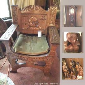 MaxSold Auction: This online auction features Carved Wood Chair, Grandfather Clock, Exercise Bikes, Vintage Paintings, Vintage Pyrex, Small Kitchen Appliances, Staffordshire Old Granite Dishes, Cherry Headboard& Footboard, Mid-century Sligh Lowry Writing Desk, Garden Statues, Fugi Men's Bicycle, Recliners, Oil Lamps, Shop-Vac, Tools, Cultured Sink Top and much more!