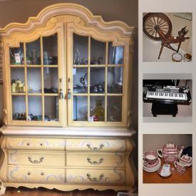 MaxSold Auction: This online auction features Antique mirrors, spinning and walking wheels, photo album, garden saws and more! Vintage Viceroy doll; MC Lotte and slag glass lamps; French Ivory dresser set; mantel clock; green trunk; toy oven and cardboard doll dresser; metal and cast iron; bentwood base oak table. Original art by signed E Bordessa and more; Hoselton birds. Collectible pottery / crockery / stoneware; Moorcroft bowls; Waterman pens; Wedgwood blue Jasperware; Royal Doulton figurines; Beswick vase; sport cards; glass animals and more! Jewelry such as Sterling silver pieces and vintage costume. Wicker Furniture, sofa with chaise lounge, Drexel dining table and china cabinet, many old chairs. Tea and coffee China sets as well as Masons "Vista" tea set, dishes and serving pieces. Red and Cobalt blue GLASS, amber sherberts and plates. Outdoor furniture, cement decor. Yard and Garden tools including a Yardworks reel push mower. Electronics such as RCA 46" and Philips 31" TVs. New Equip keyboard and Heintzman piano and bench. Copper bowl on stand and copper base bowl / kettle with brass tray top and much more!