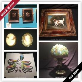 MaxSold Auction: This auction features vintage pottery lot, AJ Casson silkscreen signed print pencil, vintage Victorian style shell cameo brooches, sterling silver estate jewelry, WWII Royal Canadian Air Force silk pillow cases, Staffordshire dog statues, vintage bronze cherub lamp with art glass shade, and much much more!