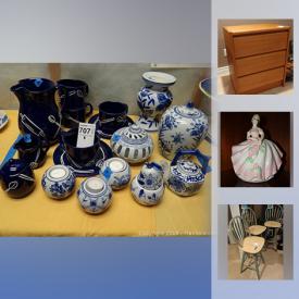 MaxSold Auction: This online auction features teak furniture such as a drawer desk, cabinet, media stand, dining chairs, hutch and more, breadmaker, wicker baskets, blue and white china, Fitz and Floyd pieces, stacking lawn chairs, vintage luggage, tablecloths, DVD and speaker system, lamps, candle holders and more!