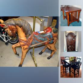 MaxSold Auction: This online auction features furniture such as a bed, file cabinet, matching bedroom furniture, chairs, table, chef table, pub table and chairs, armoire, round table and chairs and more, grandfather clock, turtle figurine, wall mirrors, art, kitchen items, serving dishes, Corning ware, wall clock, records, office supplies, bags and purses, wall art, cleaning supplies, ladders, grill, trash can, carpets, paintings, roof rack, collector plates, bicycle, plants, carousel horse, garage items, Dyson vacuum and much more!