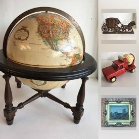 MaxSold Auction: This online auction features an Antique camera, Victorian green glass bowl. Vintage metal mantel light, figural bank; MC Nemadji pottery; a Nordmende stereo console; advertising/ephemera. Collectible Tonka, Lumar and Dinky vehicles; brass; lead figures; '99 Furby with tags; Elvis / Beatles; elephants; stamps / coins / paper money. ART such as two duck prints by Ferrara, Nathaniel Barnes artist proof, originals and handmade wood inlaid. Furniture such as a vintage enamel top kitchen table with drawers, vintage chairs. Electronics such as a Dean Markley amp, Sony and UBL speakers and more!