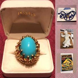 MaxSold Auction: This online auction features Gold jewelry such as Ladies rings, necklaces and vintage tudor watch, Sterling silver, semi-precious bead necklaces such as Lapis Lazuli, Amber, Jade, Amethyst; Italian blown glass bead costume and Cloisonne. Original art such as an artist proof by Debi Fitzgerald and Kris Nahrgang and painting by Koyla Keeper. Crystal serving pieces. Collectible Wedgwood Jasperware. Vintage Mickey Mouse books and toaster and more!