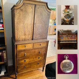 MaxSold Auction: This online auction features Pocket Watch, Antique necklace by C and H Company, Vintage Lamp, Goebels, Cabinet, Depression Glass and much more!