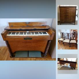 MaxSold Auction: This online auction features an Antique William Sprague Field organ, c 1875; late 18th century Mississippi walnut corner cabinet and bible box. Vintage MCM Century walnut bedroom suite; Teak desk and wall shelving unit; Brown Jordan lounge chairs; Kittinger mahogany Queen Anne dining chairs and double pedestal table; solid maple, acorn finial twin beds and more! China such as Theo Haviland hand-painted fish platter and 8 dishes. Empire Sterling weighted cups. Vintage pressed/cut and molded glass serving pieces; glass battery jar. Original art, antique Audubon prints; plein air artist supplies such as a watercolor easel, Ray Mar case, Pochade box and canvases. Extension ladder and much more!