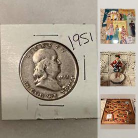 MaxSold Auction: This online auction features collectible currency such as 1951 Ben Franklin half dollar, 1847 large cent, uncirculated German coin sets, wheat pennies, 330 AD Roman coin, and liberty nickels, collectible toys such as special edition Walt Disney World Barbie, vintage Radio Flyer, Hot Wheels, Marie Osmond dolls, Tom Tierney paper dolls, unopened 1985 Cabbage Patch dolls, comic books and much more!