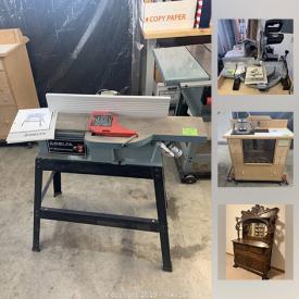 MaxSold Auction: This online auction features SHOP TOOLS: Shop-made router table with Porter Cable router; Delta Jointer, 10" Contractors Saw, 16 1/2" floor model Drill Press, 12 1/2" portable Planer, 12" Compound Miter Saw; Ridgid Belt Sander. Furniture such as Vintage oak ladies desk / vanity, buffet and china cabinet. Weight bench and set of graduated weights on stand and more!