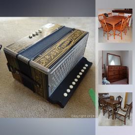 MaxSold Auction: This auction features Marble Top Pedestal Tables, Fern Table, Hohner accordion, Antique plant stand, Dresser, 37 inch Panasonic tv, Press back Chair, Vintage mid-century modern coffee and end tables, Antique Trunk, and much more!