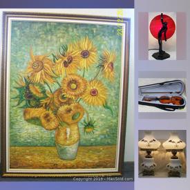 MaxSold Auction: This online auction features signed Art by artists such as Josh Silburt, movie lobby posters cards and prints. Period Lighting such as Art Deco and mid-century. Bohemian Glass and a Cameo style vases. An Antique brass scuttle. Limoges China dresser set. Art Deco signed Roseville pottery vase. Collectible signed Ron Dexter duck decoy, scale cars by Lee and vintage postcards. A Beaver Creek acoustic guitar and more!