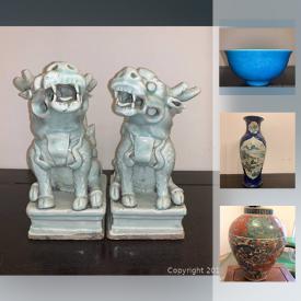 MaxSold Auction: This online auction features a variety of antiques including Chinese Peking Glass bowls, archaic bronze mirrors, foo dogs, and iron Buddha statue, Brass dragon vase, Celadon vases, Archaic Style Celadon Jade Covered Vessel, Jade Lidded Incense Burner, Chinese Dragon Charger, reclining Buddha statue, wooden tribal masks, Chinese Calligrapher Ink Stones, Chinese Asian Covered Porcelain Dish and much more!