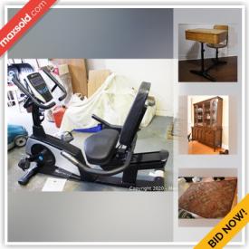 MaxSold Auction: This online auction features A PowerFist electric hoist. Xterra Recumbent Bike. Regent chest freezer. Furniture such as a Bogdon & Goss dining room table and chair set; Vintage Deilcraft bedroom suite; natural, white and dark wicker furniture and accessories, China / Vintage Ironstone such as Wedgwood "Pennine" dish set and a Northland dish set; vintage "one of's" china serving pieces, covered cheese and plates. Cut and pressed Glass and Crystal such as stemware, pinwheel serving pieces; amber goblets; milk glass / hobnail; punch bowl sets. Vintage school desk, framed pictures and photos, and more! Handmade afghans and quilts. Yard and Garden such as cast iron urns and tables; yard tools / Makita cordless / rechargeable lawn mower. MCM swag lamp and canister set. Electronics such as a Technics stereo system; Wilson Jones commercial paper shredder and a fireplace. Silver plate serving pieces, Rogers tea set and place setting for 8 flatware set, plus assorted vintage flatware serving pieces. Collectible copper and brass, pewter miniatures; tins; souvenir spoons and collectors plates and much more!