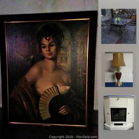 MaxSold Auction: This online auction features Electric Fireplace heater, art, Antique big rectangle mirror, filing cabinet, Single long couch, vase, and much more!