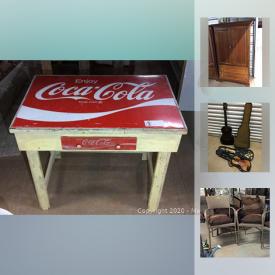 MaxSold Auction: This online auction features furniture such as a sofa, table, wicker chairs, table and chairs, wood stool, trunk, game table, rustic china cabinet, metal file cabinet, director's chairs, faux wicker chairs, art chair and more, linens, ceiling fan, art, garment racks, fabric, china, ballet bar, silver, clock, guitar and violin, rug, art prints, fireplace screen, air cleaners, heater, hammock, garden tools, art supplies and more!