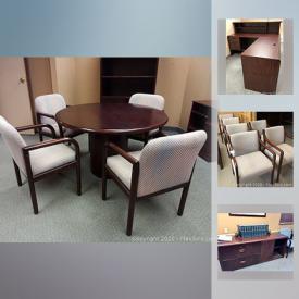 MaxSold Auction: This online auction features Office Furnishings such as executive and reception desks, round and oval conference table and chair sets, armchairs, credenzas, bookcases, filing cabinets; framed prints, blinds, Ontario Reports - 1901-1962. 2 Line speaker phones, headset. Small electronics such as a shredder and heater and more!