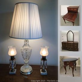 MaxSold Auction: This online auction features collectibles such as fine china, crystal ware, and silver plate items, furniture such as Kling wooden dresser, lyre back vintage chair, antique cane seats, and Broyhill couch, table lamps, art such as framed prints, art glass and more!