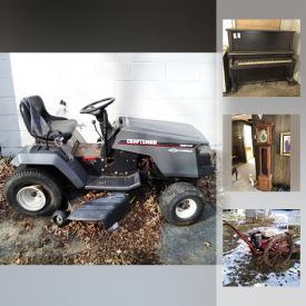 MaxSold Auction: This online auction features yard machines such as a lawnmower, edger and cultivator, blower and chipper, brush mower and others, furniture such as tables, patio set, MCM cabinet, desk, chairs and card table, catering table, dining tables, side tables, folding chairs, ornate bed frames, antique vanity and mirror, antique dresser and more, wood stove, Snap on wheel balancer, sewing machine, piano, books, truck cap, Pyrex, jadeite, Harmony House china, window AC, small kitchen appliances, silverplate, crystal, accessories and plate display racks and much more!