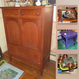 MaxSold Auction: This online auction features the original ART of Arline Christ and several other artists, as well as pottery. Artist supplies such as new canvases, paint, easels, a Foster flat-storage art drawer cabinet. Collectible carousel horses, paintings of carousel horses and books on carousel horses as well as many art books; coins / currency / stamps. Furniture such as a Van Sciver solid cherry bedroom suite; a dining table and chair set, sofa and more! Shop TOOLS such as a Craftsman bench grinder and Shop Craft 10" miter saw. Yard and Garden tools including an Agri-fab tow behind, yard decor and much more!