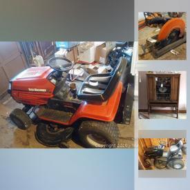 MaxSold Auction: This online auction features Yard Machines lawn tractor, collectibles such as crystal ware, furniture such as Duncan Fyfe style table, club swivel rocker chair, Peppler china cabinet, and Peppler dining table with chairs, art such as framed signed prints, original signed oil painting, and old world map, power tools such as pole mounted grinder, Makita saw, and hand tools, small kitchen appliances, serving ware, wooden plant stands, stemware, books, Coleman camping gear, fishing equipment, aquariums, swag lamp and much more!