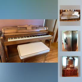 MaxSold Auction: This online auction features FURNITURE such as a vintage sofa and Hammary granite and glass-topped end tables; reproduction pressed-back dining chairs and table, formal dining table, chairs and china cabinet; bedroom pieces. Wurlitzer piano and bench. Appliances such as a Kenmore fridge and dryer, Whirlpool washer. Electronics such as a Samsung 43" TV and Philips DVD player. COLLECTIBLE Blue and White ceramics; Lps; souvenir spoons and display cabinet; vintage Pyrex. Art GLASS, cut/pressed serving pieces and stemware. Jukagawa "Arita" CHINA dinner and salad plates and more!