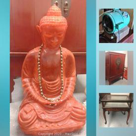 MaxSold Auction: This online auction features jade items, yoga items, humidifier, Bali Buddha statue, Balinese sculpture, shelving units, ottoman, vases, display case, slat wall racks, sunglasses, electronics, hangers, Asian influence art and cabinet, exercise bars, books, decor, bike trailer, candles, Fender powered speakers and mixer, wooden step stool, room dividers, lamps, bench and more!