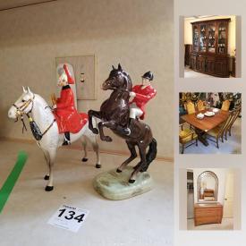 MaxSold Auction: This online auction features porcelain CHINA such as Royal Doulton's "Dickens ware" and 23 figurines, 64 pieces Wedgwood "Gold Florentine" service for 9, less some pieces and Jasperware; Beswick riders on horses figurines, Royal Albert's "Silver Maple" service for 8, tea set and serving pieces, Shelly tea service; Spode "hunt scene" dishes. 14K, 10K and sterling silver and costume Jewelry. Danby chest freezer. Collectible plates including Coalport; 12 piece Christmas village; brass; Capodimonte and porcelain florals; teapots; Gresley mixing bowl set; currency and stamp collection. 118 pieces Crystal and glassware, amber stemware; cut / pressed serving pieces; Swarovski mouse. Electronics such as Technics and Panasonic stereo systems; Janome sewing machine. Furniture such as American Drew dining and bedroom suites; Asian styled cabinet and more!