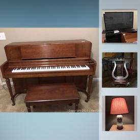 MaxSold Auction: This online auction features furniture such as a lyre side table, cabinet, folding chairs, bed, dining table and chairs, patio chairs, desk, tables, bookcase, chest of drawers and more, plastic totes, books, floor lamp 30" computer monitor, lamp, grand piano, art, hand truck, smart tv, American Girl doll, Dulcimer, dinnerware, water cooler dispenser, small kitchen appliances, silverware, glassware and more!