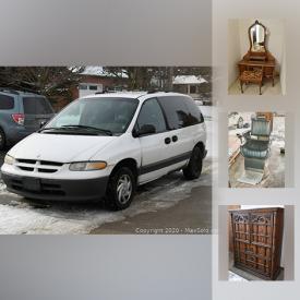 MaxSold Auction: This online auction features a 1998 Dodge Caravan, furniture such as a bed, chair, cabinet, cedar chest, dresser, end table, wardrobe, table and chairs, vanity and stool and more, small kitchen appliances, bar fridge, range oven, golf items, books, exercise items such as a treadmill, recumbent bike, rowing machine, elliptical and more, automotive items, Corning ware, yard care items, wheelchair lift, bakers rack, galvanized garden shed and much more!