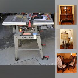 MaxSold Auction: This online auction features a VINTAGE dining room suite, tea table, loveseat, swan chairs, chandelier and gilded mirror and sconces. Electronics such as a modern console stereo with a Pioneer receiver, BIC turntable and Yamaha CD player; 2 Optiquest 19" monitors, Panasonic Viera Skype unit, 4 Echo Dots, Dell Inspiron laptop, Panasonic 46" TV. SHOP TOOLS such as a Craftsman 10" Table Saw, Delta 10" Bench Band Saw; a Skil bench, Us Tool Cart, upholsterers tools and more! COLLECTIBLE Carousel figurines by William Manns; Lps. GE fridge. Schwab combo safe. Crystal and Glass serving pieces. Opal and Garnet earrings and more!