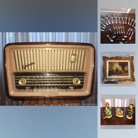 MaxSold Auction: This online auction features collectibles such as Royal Doulton, Beleek china, and sterling silver vanity set, furniture such as Bombay writing desk, antique stand, antique trestle table, and antique parlour chair, cookware, flatware, glassware, dinnerware, porcelain candelabras, Telefunken hifi radio, home decor, area rugs, vintage books including Charles Dickens, Waverly, and poetry, home decor and much more!