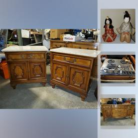 MaxSold Auction: This online auction features FURNITURE such as a secretary / desk and matching multi-drawer side table, marble-top nightstands and dresser, buffet and many chests / footlockers. COLLECTIBLE comics, stamps, coins, seashells / geodes, marbles / Beanie Babies / Barbie / Star Wars, animal figures / Coalport eggs / porcelain florals - mostly Crown / Limoges trinket boxes, vintage LPs, ephemera. Shelley "Blue Rock" fine CHINA dishes, tea and coffee service and serving pieces. Silver plate / Pewter / Pewter / Aluminum / Sterling silver serving pieces. Original signed ART, prints, map and framed needlework. DECOR such as ceramic lamps, a grandfather clock, blue and white ceramics, new drapes. Vintage SPORTING GOODS. NIB digital recorders, Akai reel to reel, Panasonic VHS and more!