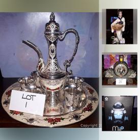 MaxSold Auction: This online auction features Many brass pieces. Vintage lighting including handmade wooden table lamps and Jeff Gordon #24 swag lamp. Wooden toys and unusual wooden liquor dispenser. Vintage milk glass luncheon set, Pyrex cups. Collectible vintage tins; model kits; coins; Mrs Beasley doll; vintage Hawaii posters; Iceberg picnic hamper and metal breadbox and matching waste can. Unusual antique style wall-mount telephone pencil sharpener. RCA 33" TV and much more!